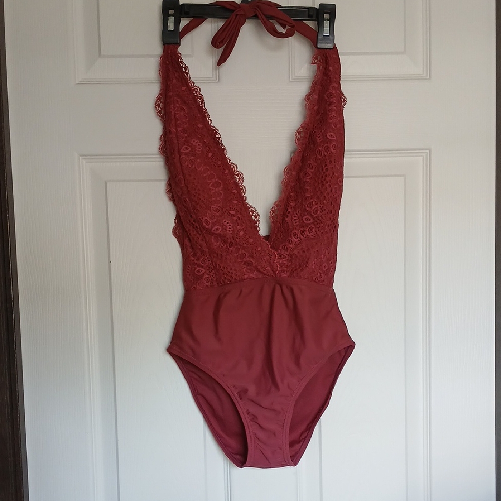 Mauve Lace Halter One-Piece Swimsuit